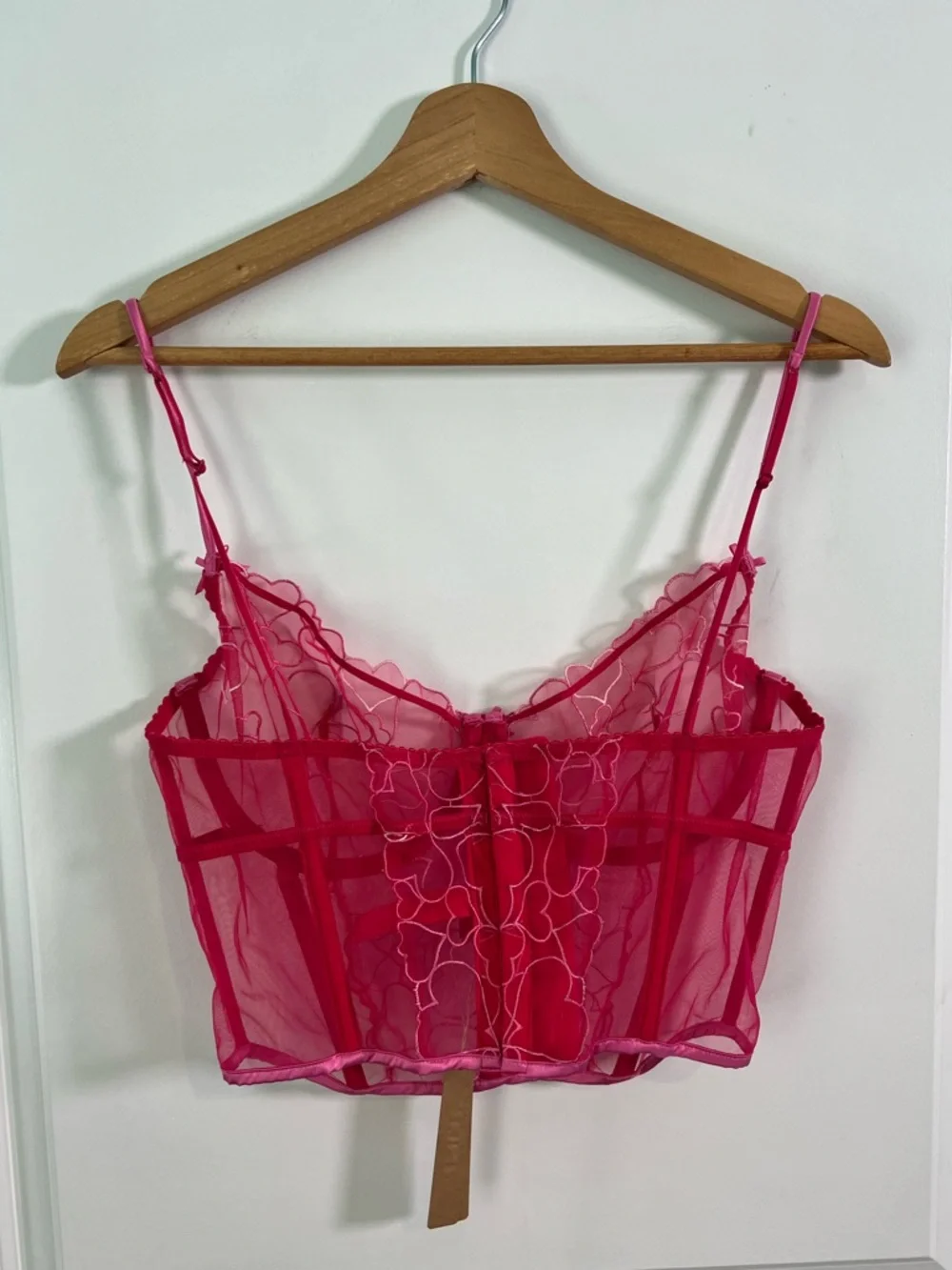 NWT SKIMS Embroidered Tulle Corset Top Pink Punch Hearts Size Large - Picture 4 of 4